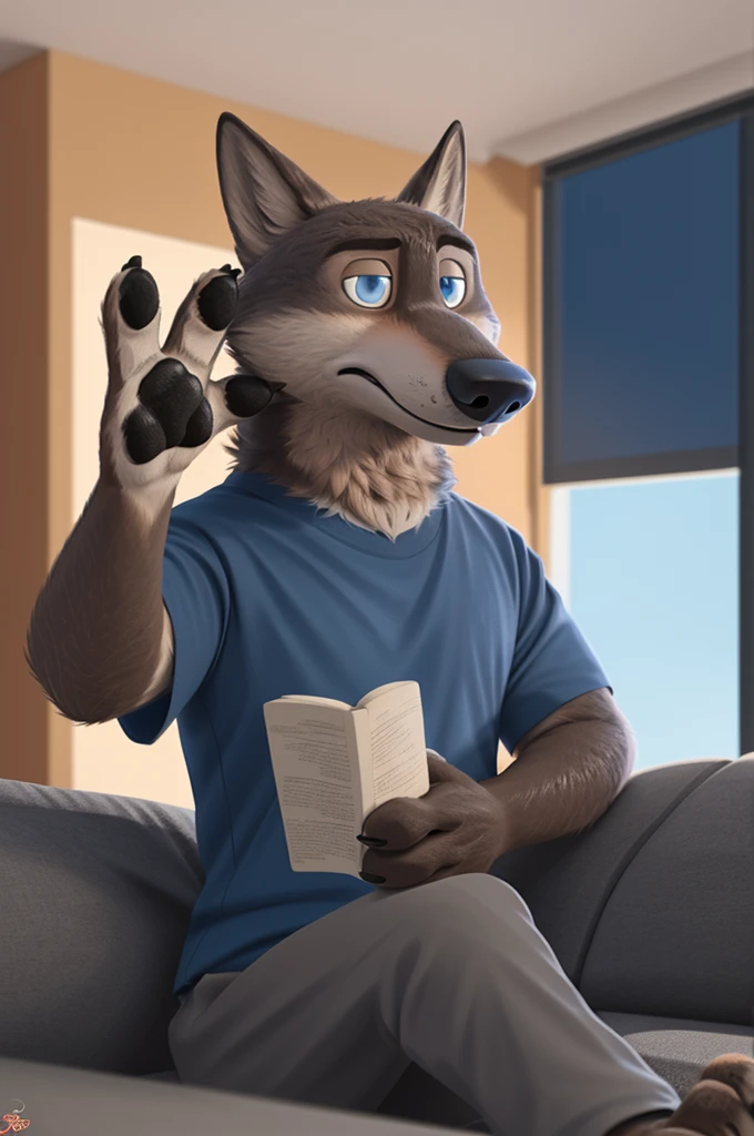 Larry (Zootopia), wolf, Gray Fur, (brown body:1.3), Blue eyes, Zootopia, dressed, t-shirt, pants, red thick-soled sandals,canine, wolf, detailed fur, male, antro, paw pads, finger claws, waving, waving at viewer, 5 fingers, paws, 4 toes,
BREAK from nextel, for dating, by xenoforge, (difficult, high detail, film photography, soft focus, RAW explicit cinema,sitting on the couch at home, apartment, Reading a book,
Photorealism, realistic, photorealistic, digital style, Subsurface scattering,
masterpiece, Best quality, ultra realistic, 8 k)