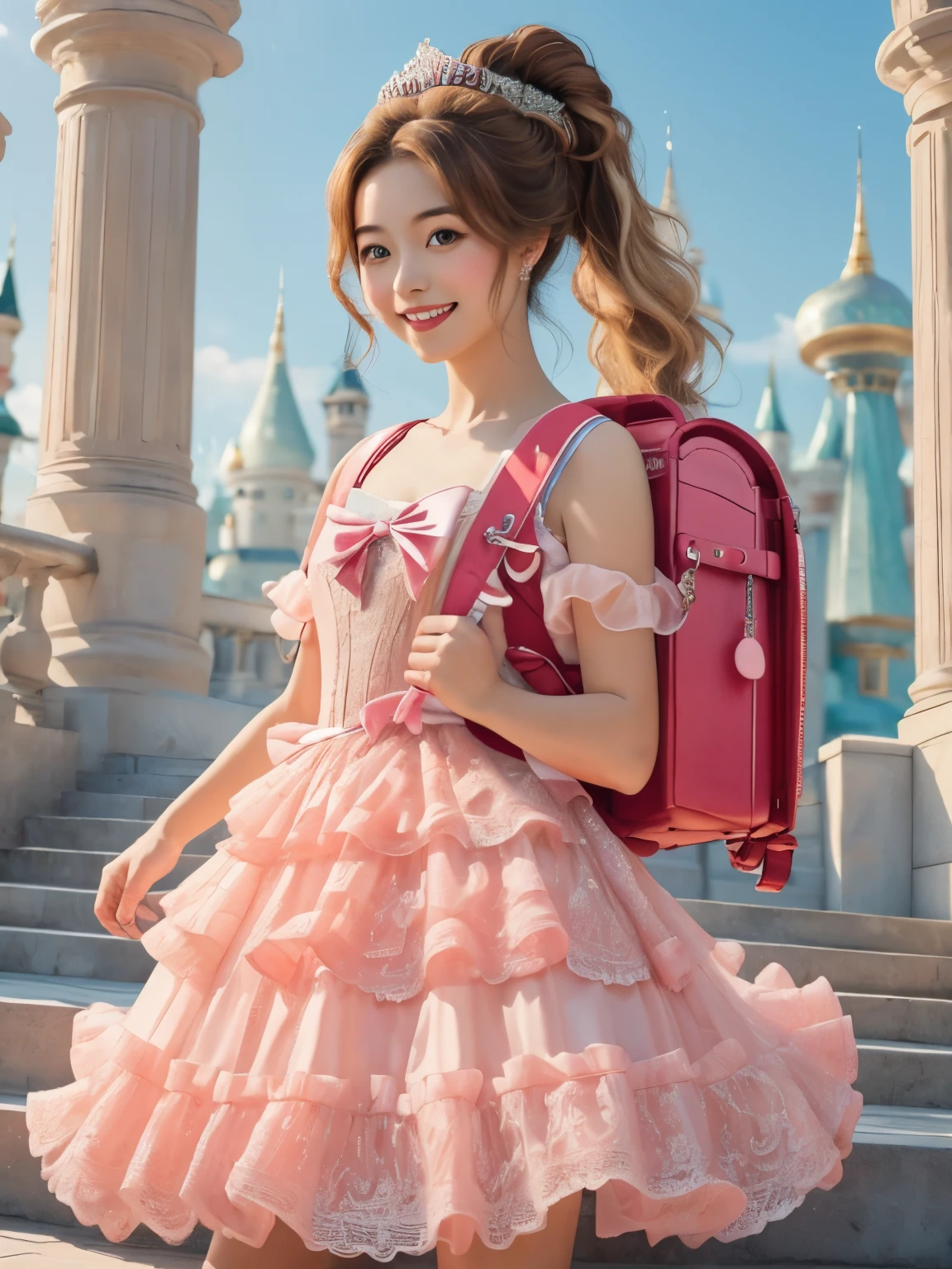 Masterpiece, hd, realistic, 2d, 1girl, beautiful girl, smiling, regal, (pink princess dress), vibrant, vivid, (bows), blonde hair, ponytail, wearing red backpack, (backpack:1.2)