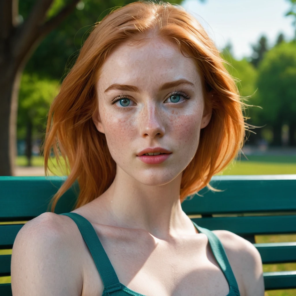 Stacey, A tall, young woman, 22 years old,  with long shoulders, athletic, lanky female, a strong build and long, freckles, strawberry blonde hair, freckles. Her skin is pale, toned arms,  and a muscular midsection. long legs, She has small breasts, well defined chest, and soft thighs, giving her a delicate and graceful appearance. Her overall look is average in terms of attractiveness, with features that blend in rather than stand out, sitting on a park bench, asymmetrical, bodycon,skirt, Tank top , minimalist art, abstract, bold colors, 1girl, beautiful detailed eyes, beautiful detailed lips, extremely detailed face, long eyelashes, portrait, digital painting, oil painting, acrylic, vibrant colors, vivid colors, high contrast, dramatic lighting, cinematic lighting, dramatic shadows, minimalist background, geometric shapes, clean composition, surreal, dreamlike, impressionistic, hyperrealistic, photorealistic, 8k, highres, best quality, masterpiece, symmetrical, arms raised 