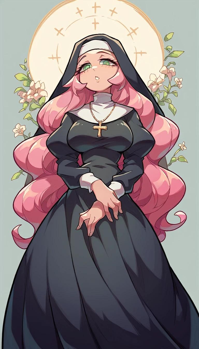  a poor girl nun beautiful intelligent long pink hair wavy her green eye she dresses nun long dress and a long black skirt she dark mind 