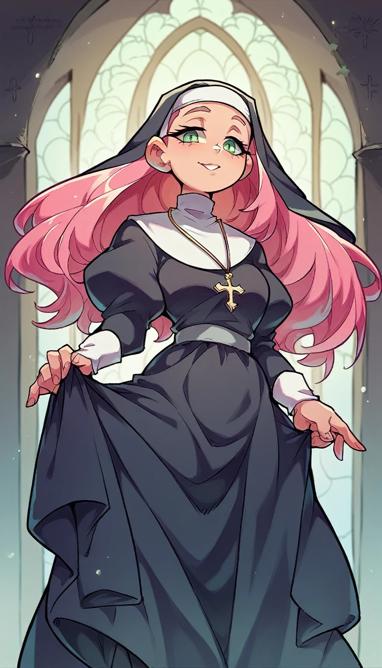 a poor girl nun beautiful intelligent long pink hair wavy her green eye she dresses nun long dress and a long black skirt she dark mind