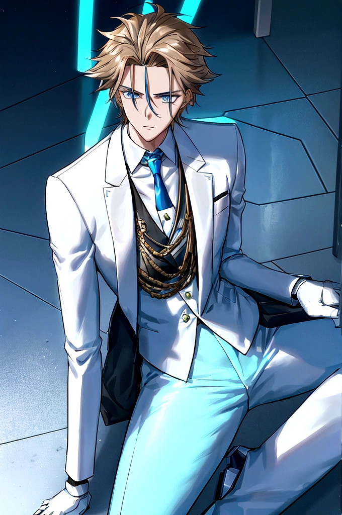 (masculine) (23 years) (a tall, slender young man with a muscular and toned body, His hair is light brown and is messy, covering his forehead., His eyes are blue and his skin is light-skinned..) (robotic body,  fitted white suit with neon light blue details) (laboratory background) (Sitting on the ground)