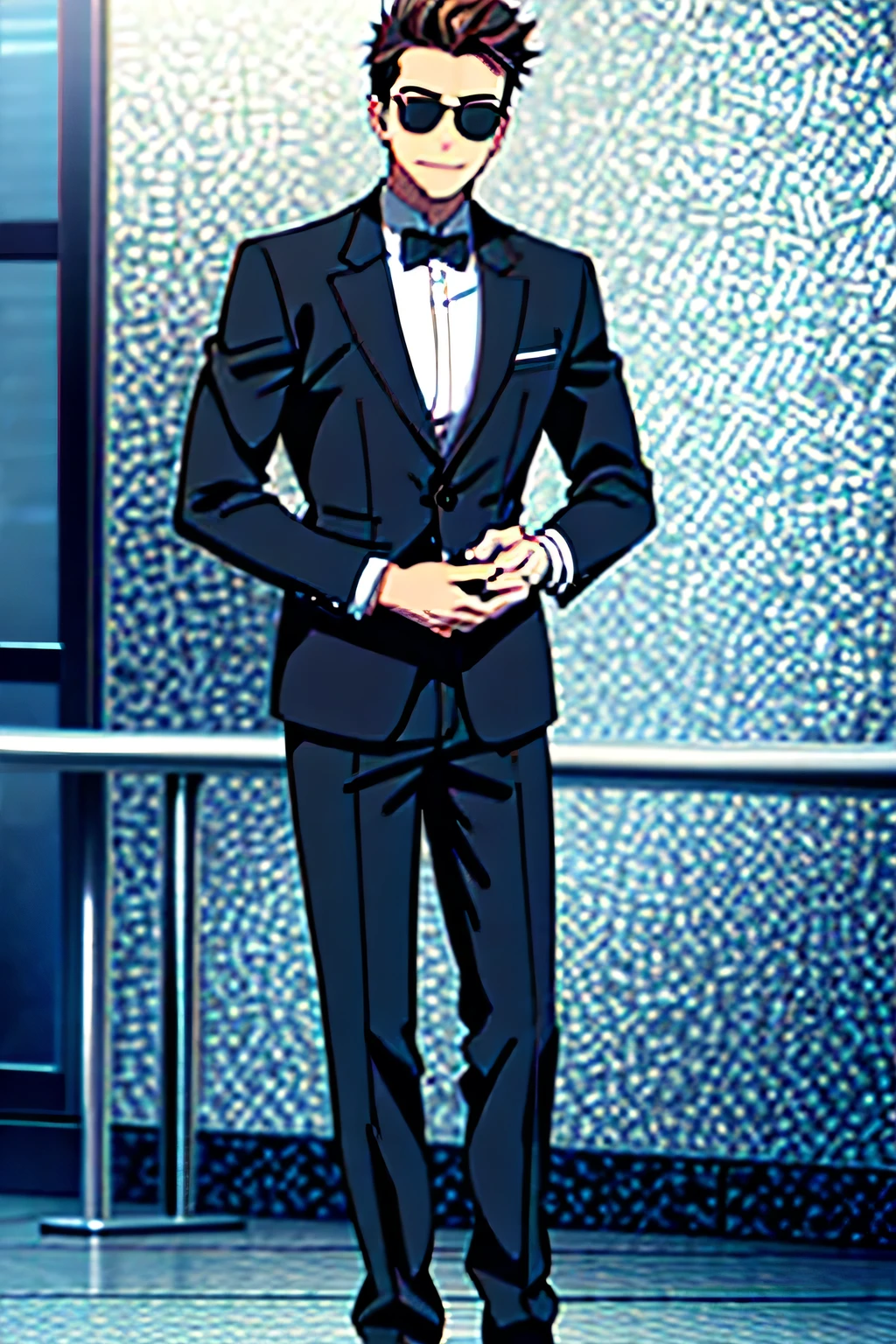 a handsome man with short spiky brown hair, wearing a black suit, black sunglasses, black pants and shoes, muscular build, smiling