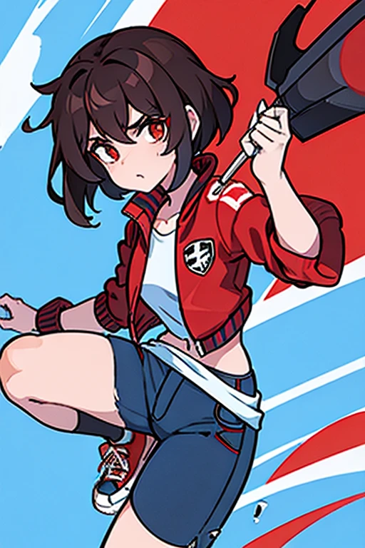 A ager with aesthetic style, using:
Red bomber style jacket with puffed sleeves and blue stripes on the sleeves.
Plain white t-shirt under the jacket.
Dark blue skinny jeans with rips at the knees.
White Converse sneakers.
Black Round Sunglasses.
Wavy brown hair loose on the shoulders.
Light makeup with red lipstick.