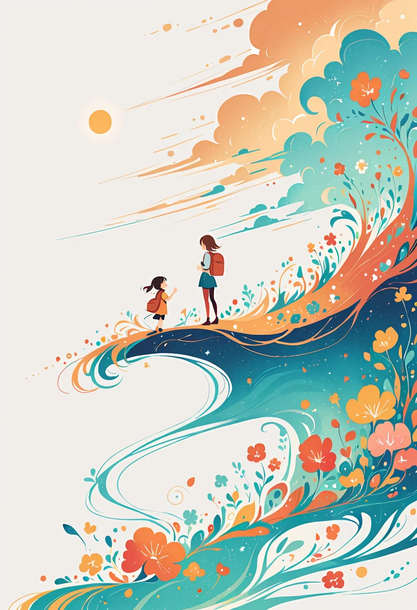 Standing on the Tongue of Heaven,Girl with backpack on the roof,The backpack is filled with the joy of spring,Simple lines,Minimalism,abstract,Lots of white space