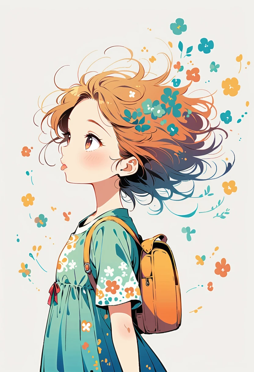 Standing on the Tongue of Heaven,Girl with backpack on the roof,The backpack is filled with the joy of spring,Simple lines,Minimalism,abstract,Lots of white space