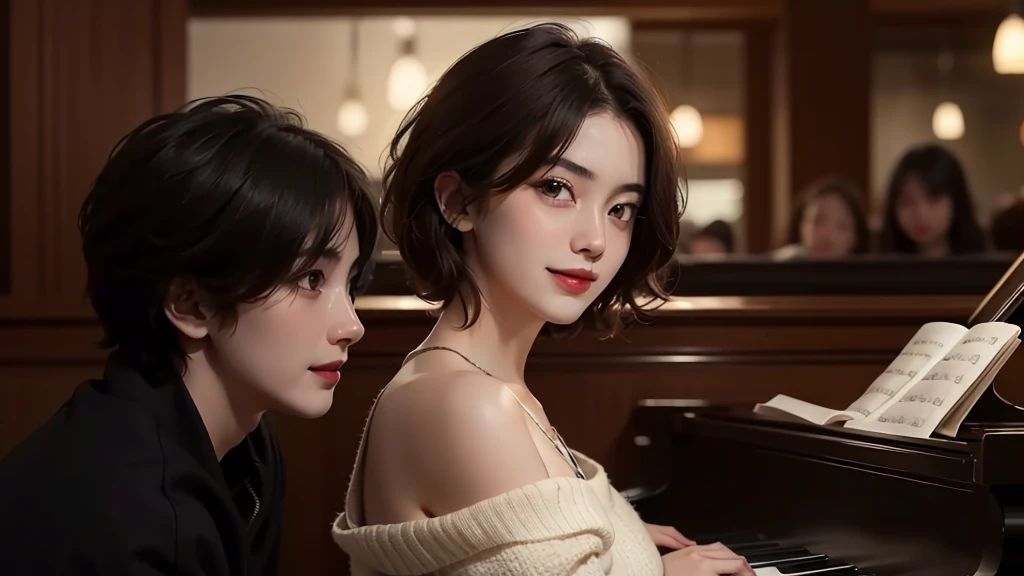 Best quality, masterpiece, ultra high res, (photorealistic:1.5), raw photo, 1girl, offshoulder, in the dark, deep shadow, low key, cold light, sexy look, short hair、Playing the piano in a restaurant with a beautiful night view、
smile