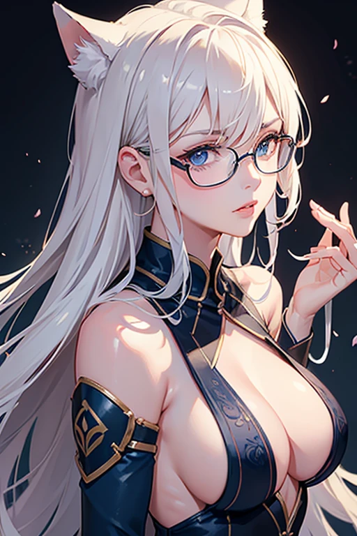 Masterpiece, Beautiful art, professional artist, 8k, art style by sciamano240, Very detailed face, detailed hair, Detailed clothing, detailed fabric, 1 girl, perfectly drawn body, beautiful face, wide, light blue fur , highly detailed blue cat eyes, wearing teacher clothes, thigh high boots, tube skirt, glasses, looking angrily over glasses, sensual lips , pink cheeks, school environment, detailed background, board, Zoom in on your face , show details in the eyes, close up view, looking at the viewer, angry expression,