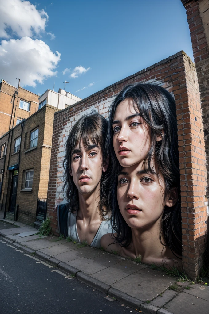 A stunning 8K hyper-realistic photo of a meticulously detailed graffiti mural featuring the faces of The Beatles at 21 years old. The artwork is vividly depicted on a weathered brick wall in a South London alley. The background is filled with urban elements, including graffiti, streetlights, and a vibrant cityscape. The overall atmosphere of the image captures the essence of London's street art culture and the legendary Beatles' legacy.