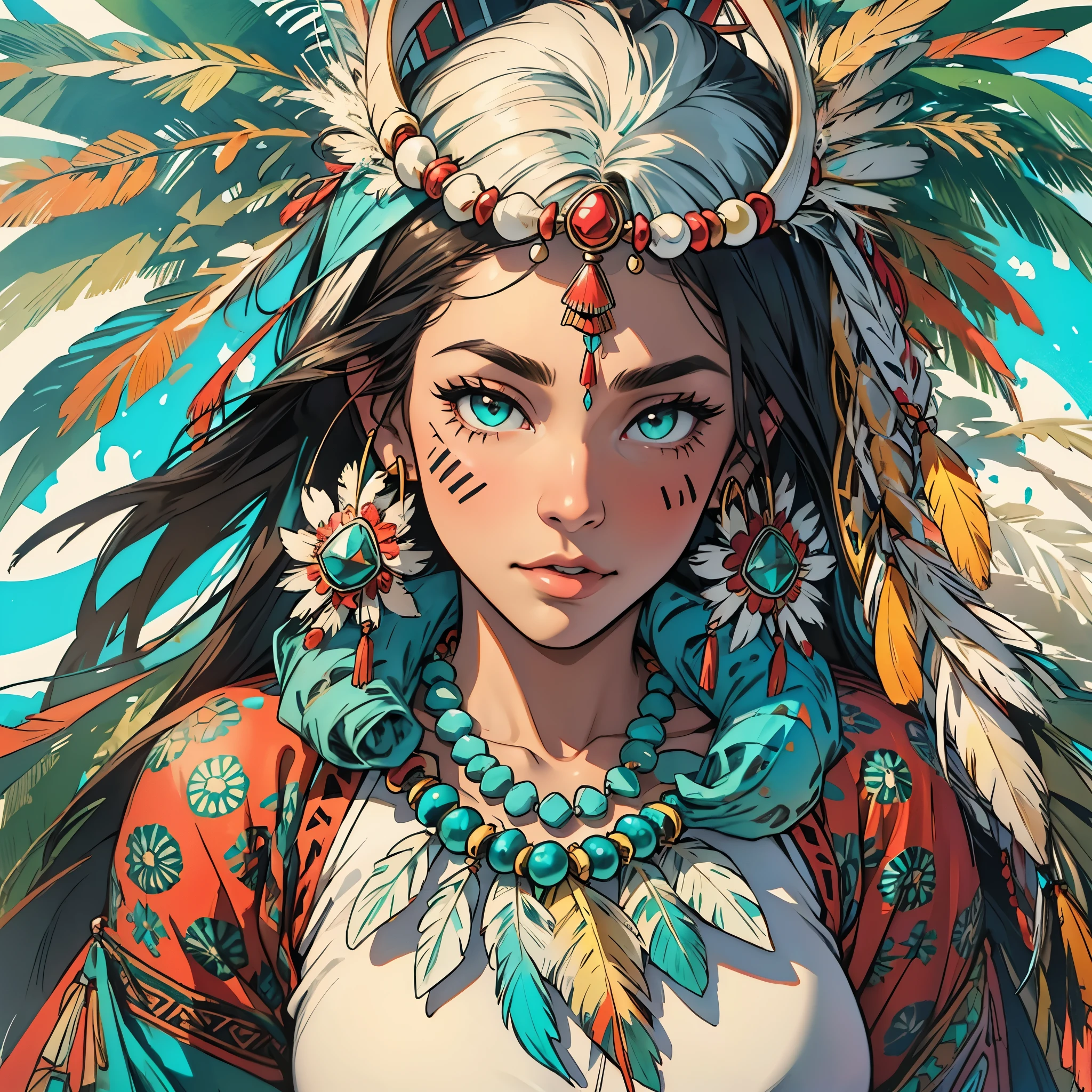 (((ultimate best quality))),((((solo:1.12)))),((((1girl:1.12)))),((((beautiful perfect woman)))),(((detailed perfect body, detailed perfect finger,detatiled perfect face))),(((bust up, close up))),(((((American comics))))),(((extreme highlights))),(((Extremely colorful, primary colors))),(cleavage, big breast)),(((perfect beautiful lady))),((((various angles))),((((detailed Indian,Tribe, Navajo, feather ornament)))),((((black skin)))),(((indigenous peoples))),(((owl,turquoise,Ivory Necklace)))