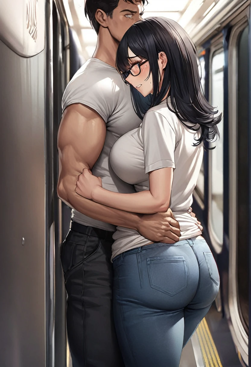 hyperrealistic anime,1woman,adult curvy female,at train,man with t-shirt standing behind woman,black hair,t-shirt,pants,medium straight hair,glasses,unkempt hair,modest woman,from behind and side,(man grabbing woman's pants from behind:1.1),molested,groped,blushed and grinning