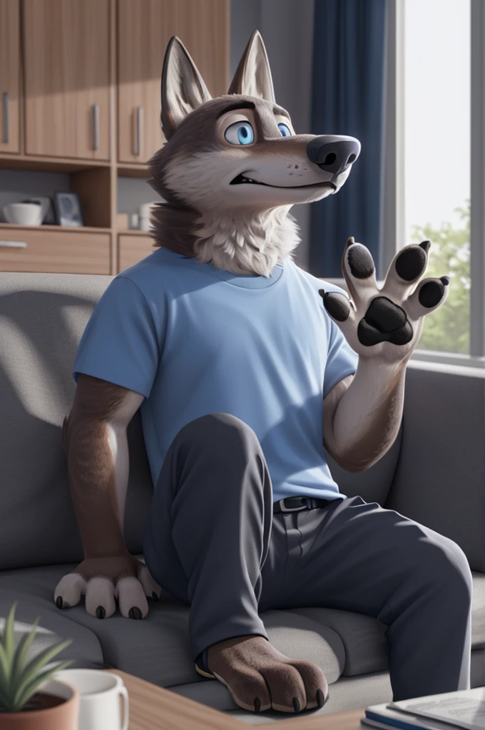 Larry (Zootopia), wolf, Gray Fur, (brown body:1.3), Blue eyes, Zootopia, dressed, t-shirt, pants, thick sole sandals,canine, wolf, detailed fur, male, antro, paw pads, finger claws, waving, waving at viewer, 5 fingers, paws, 4 toes,
BREAK from nextel, for dating, by xenoforge, (difficult, high detail, film photography, soft focus, RAW explicit cinema,sitting on the couch at home, apartment, Reading a book, 
Photorealism, realistic, photorealistic, digital style, Subsurface scattering,
masterpiece, Best quality, ultra realistic, 8 k)