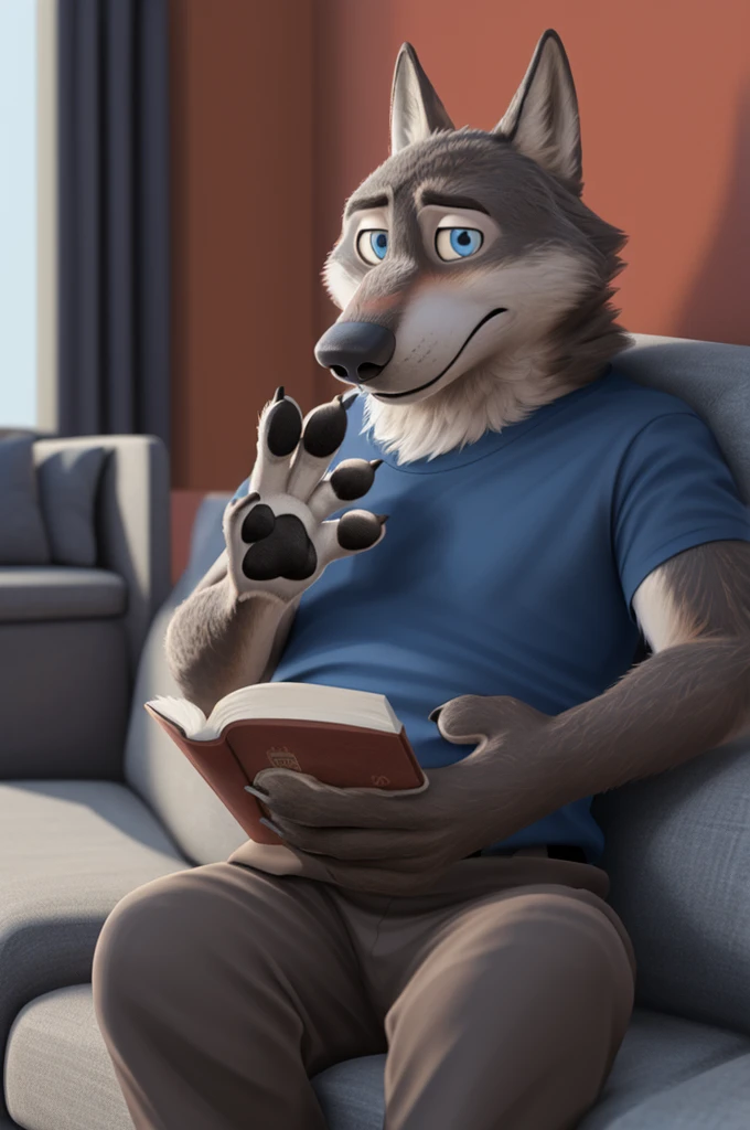 Larry (Zootopia), wolf, Gray Fur, (brown body:1.3), Blue eyes, Zootopia, dressed, t-shirt, pants, thick sole sandals,canine, wolf, detailed fur, male, antro, paw pads, finger claws, waving, waving at viewer, 5 fingers, paws, 4 toes,
BREAK from nextel, for dating, by xenoforge, (difficult, high detail, film photography, soft focus, RAW explicit cinema,sitting on the couch at home, apartment, Reading a book, 
Photorealism, realistic, photorealistic, digital style, Subsurface scattering,
masterpiece, Best quality, ultra realistic, 8 k)