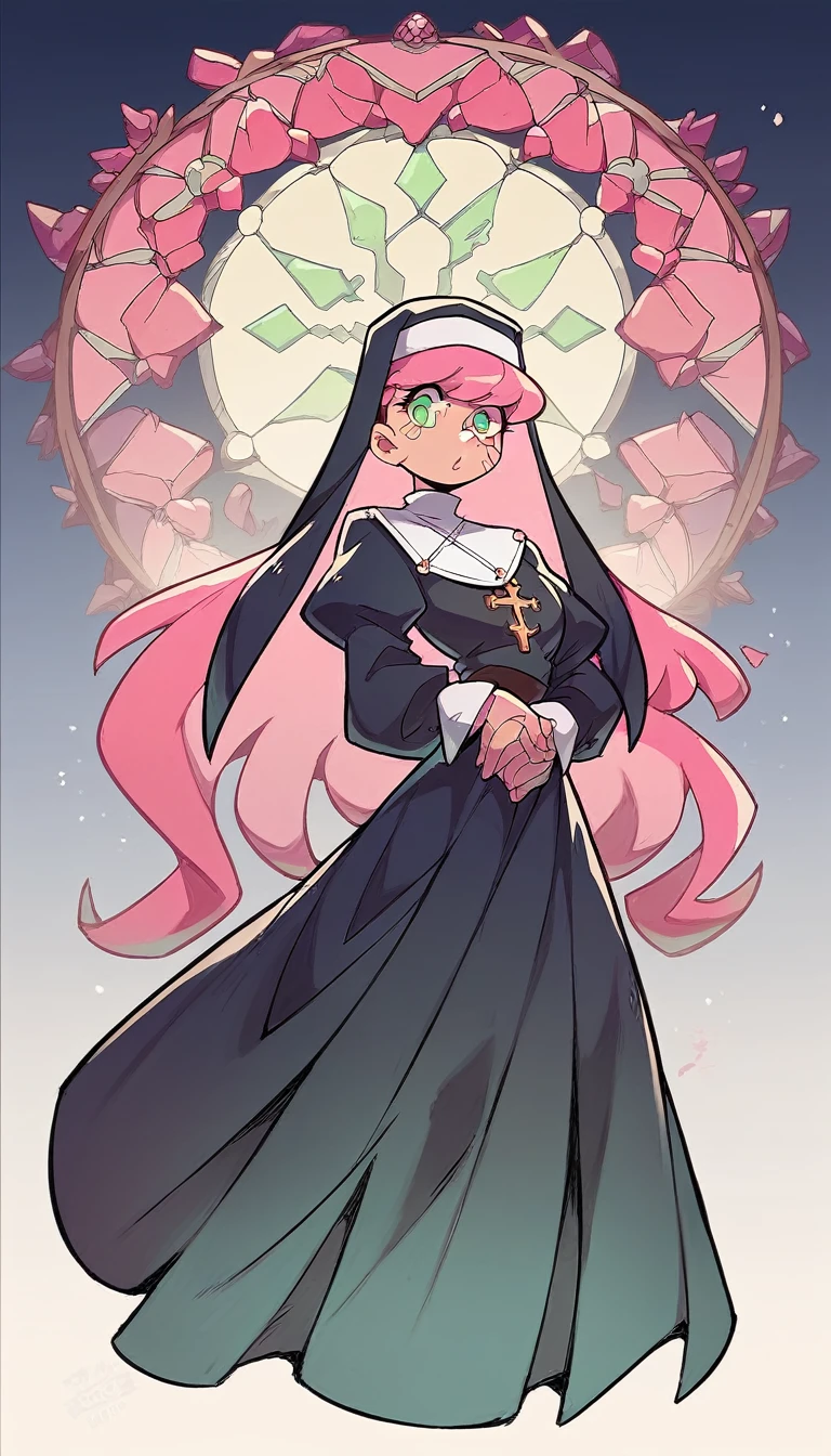  a beautiful intelligent nun girl long wavy pink hair her green eye she dresses nun long dress and a long black skirt she shows she recreates junk device a robotic side people applaud thank her
