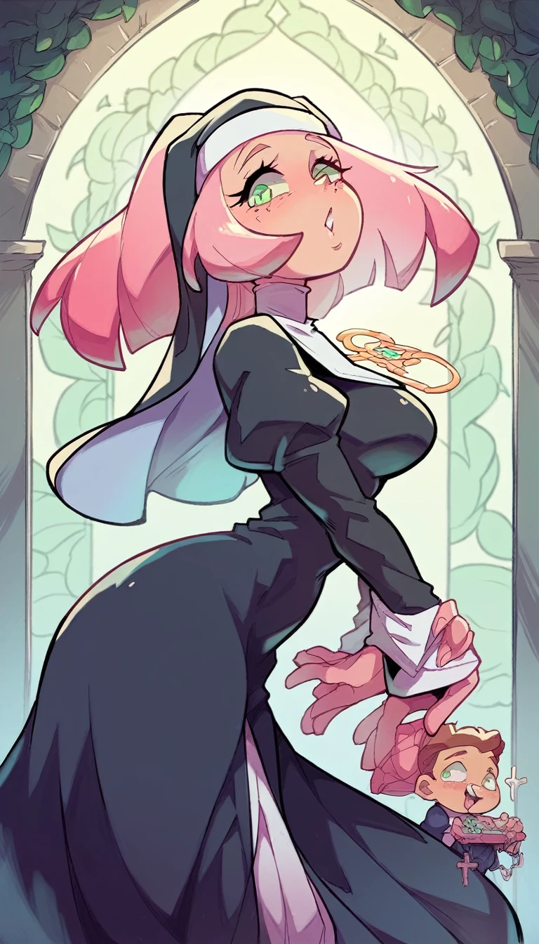 a beautiful intelligent nun girl long wavy pink hair her green eye she dresses nun long dress and a long black skirt she shows she recreates junk device a robotic side people applaud thank her
