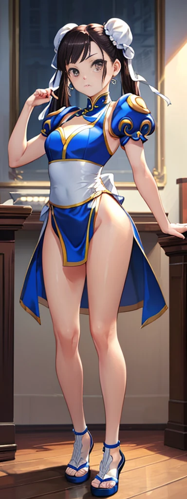 chun-li,((masterpiece)), ((best quality)), ((ultra detailed)), ((kawaii)), cute, (lovely), ((extremely detailed)), ((8K)), (beautiful),flat breast, tiny breast,full body