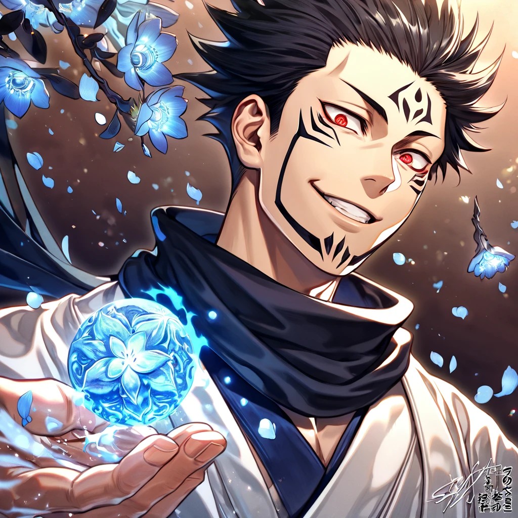Ultra detailed, highres, absurdres, HDR, master piece, Ryomen Sukuna, black hair, expressive red eyes, Jujutsu Kaisen, blue petals, black scarf, man, solo, best quality, blue blossoms, blue shining fireflies, fantasy, magical, handsome, blue moon, white kimono, smirking,