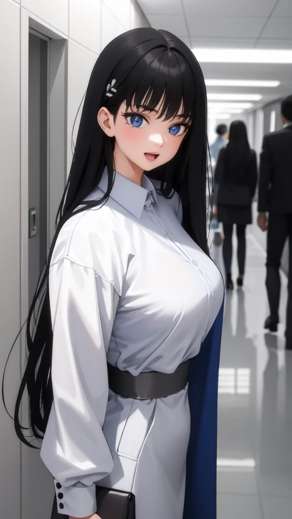 (masterpiece), (best quality), (ultra-detailed), ((girl, 29 years old)), an extremely delicate and beautiful, detailed eyes, minute details, (black hair, long hair, straight hair, hair between eyes), ((big breasts)), smile, open mouth, ((beautiful eyes)), (blue eyes), (upper body), she is wearing a blue dress, (detailed clothes), (detailed background, in a hospital, hospital hallway), (monochrome)