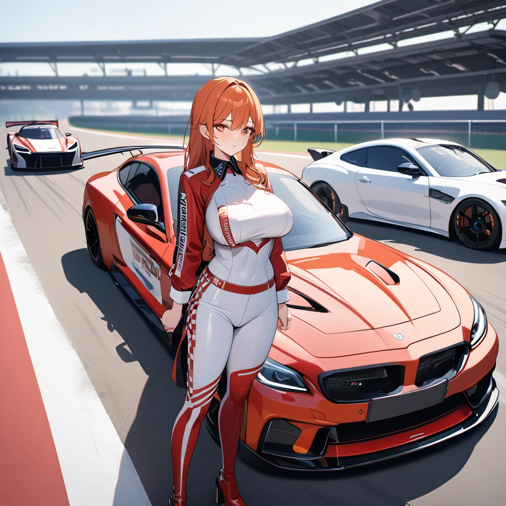 A woman wearing a race queen costume with white and red colors, orange red hair, orange eyes, purple eyes, big breasts, leather boots, next to a white race car with red details, standing, on the race track, perfect car. UHD , prime work , accurate , anatomically correct , textured skin , super details , high quality , best quality, 8k, high resolution, bokeh effect. (woman alone),
