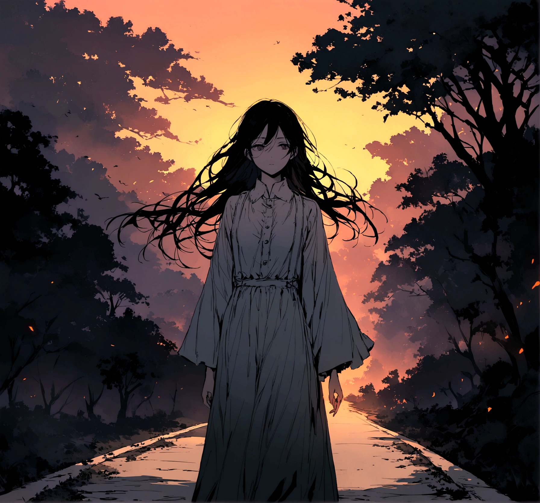 "Create an image of a woman dressed in white hitchhiking by the side of the road. She has long, flowing hair and a serene but mysterious expression. The scene is set at dusk, with the sky displaying hues of orange and purple. The road is deserted, surrounded by trees, and the headlights of an approaching car can be seen in the distance, casting an eerie glow. The overall atmosphere is slightly eerie and mysterious, evoking a sense of intrigue and supernatural presence."