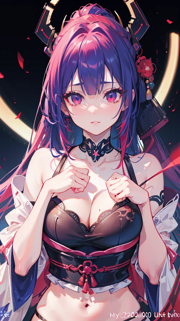 A beautiful girl with long ponytail red blue hair, pink glowing eye, intricate detailed face, beautiful detailed eyes, beautiful detailed lips, extremely detailed face and features, longeyelashes, japanese text in the lower middle of the image, portrait, concept art, digital painting, (best quality,4k,8k,highres,masterpiece:1.2),ultra-detailed,(realistic,photorealistic,photo-realistic:1.37),HDR,UHD,studio lighting,ultra-fine painting,sharp focus,physically-based rendering,extreme detail description,professional,vivid colors