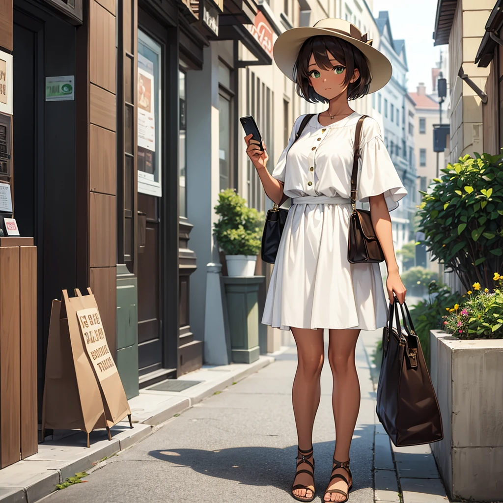 woman, short hair, brown hair, green eyes, brown skin, looking at viewer, street, white dress, elegant hat, bag, fullbody