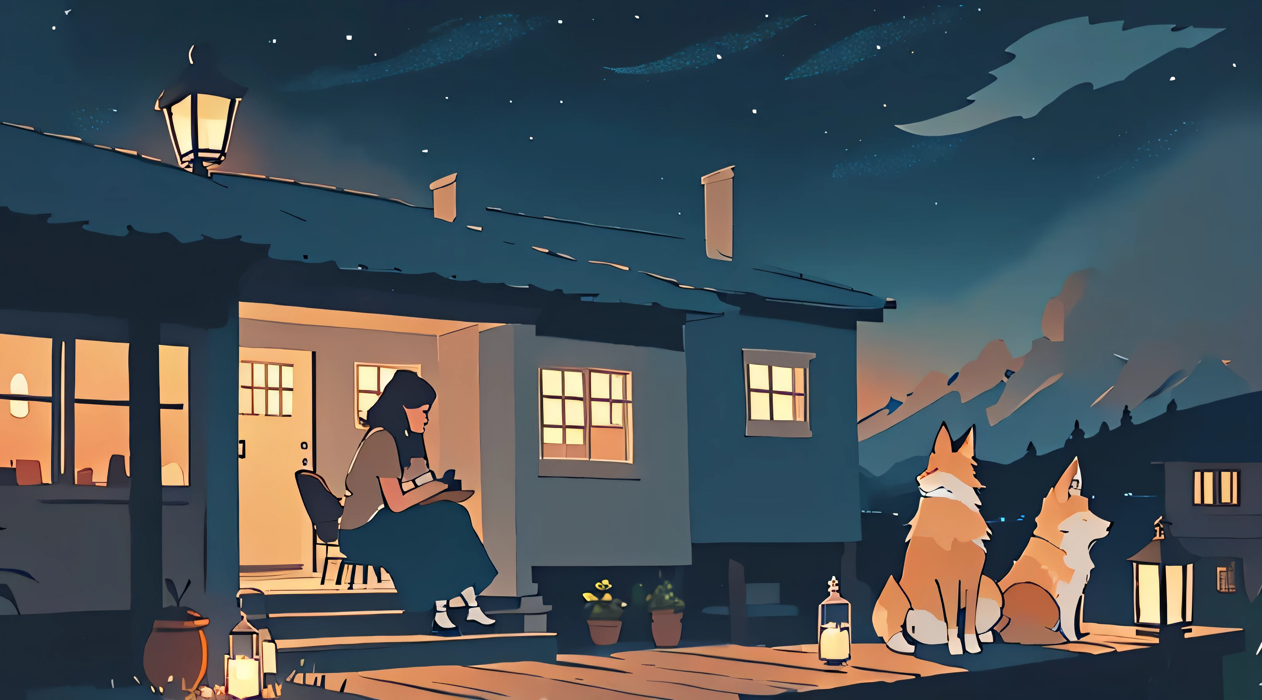 a girl sitting on a porch with a fox, with a view of the night sky