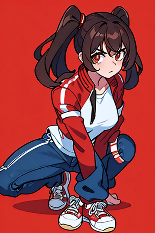 A teenager with aesthetic style, using:
Red bomber style jacket with puffed sleeves and blue stripes on the sleeves.
Plain white t-shirt under the jacket.
Dark blue skinny jeans with rips at the knees.
White Converse sneakers.
Black Round Sunglasses.
Wavy brown hair loose on the shoulders.
Light makeup with red lipstick.