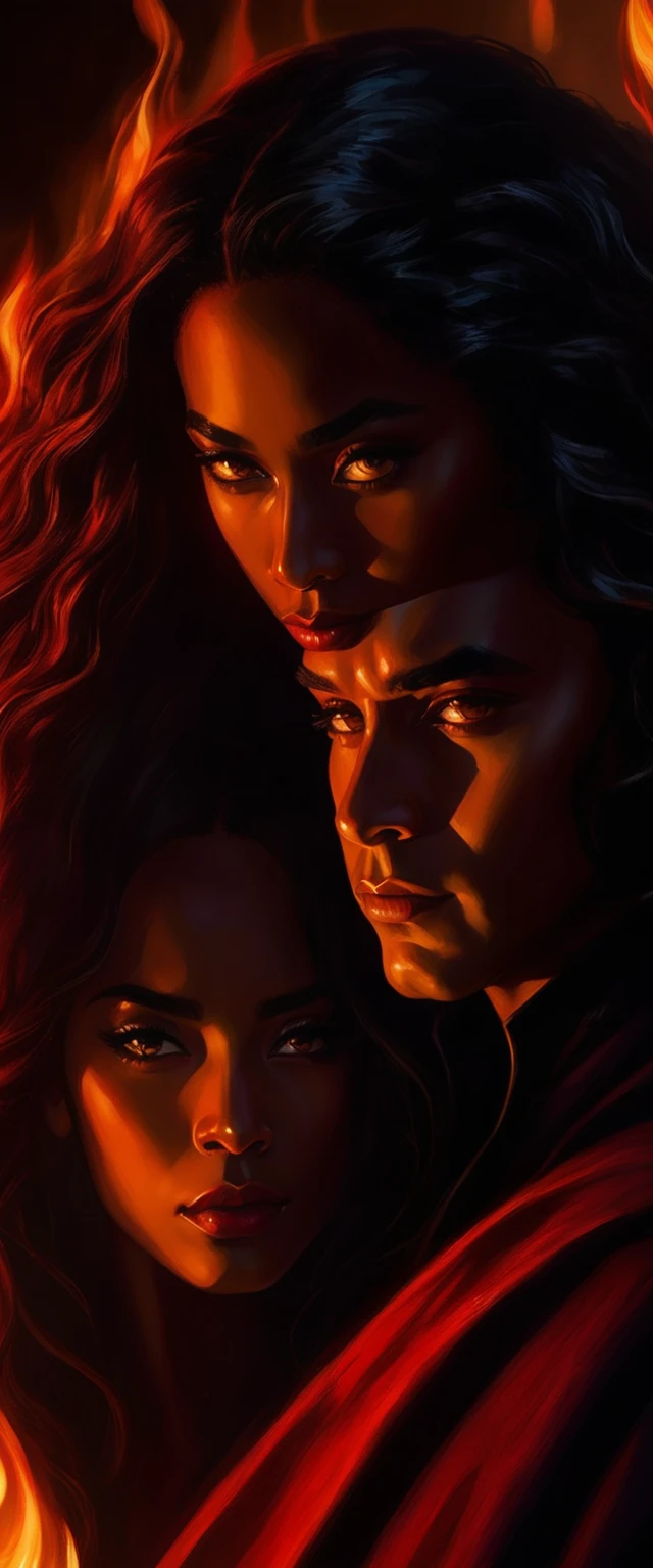 - Scene: Create an image of two people in love in a setting of mystery and passion.
- Woman's Appearance:
- Resembles Beyoncé
- Brown skin
- Long, golden blonde curly hair
- Confident and seductive expression
- Wearing a red dress, elegant and form-fitting
- Lips painted a deep, intense red
- Man's Appearance:
- Resembles Severus Snape
- Pale skin
- Large nose
- Black, straight hair falling around his face in a somber manner
- Serious and intense expression
- Wearing a black cloak, contrasting with the flames around them
- Atmosphere:
- Surrounded by flames, creating a mystical and fiery ambiance
- Soft lighting highlighting their faces, enhancing the sparkle in their eyes
- Flames adding an element of intensity and mystery to the scene
- They are close to each other, gazing intensely into each other's eyes, exuding a strong emotional connection