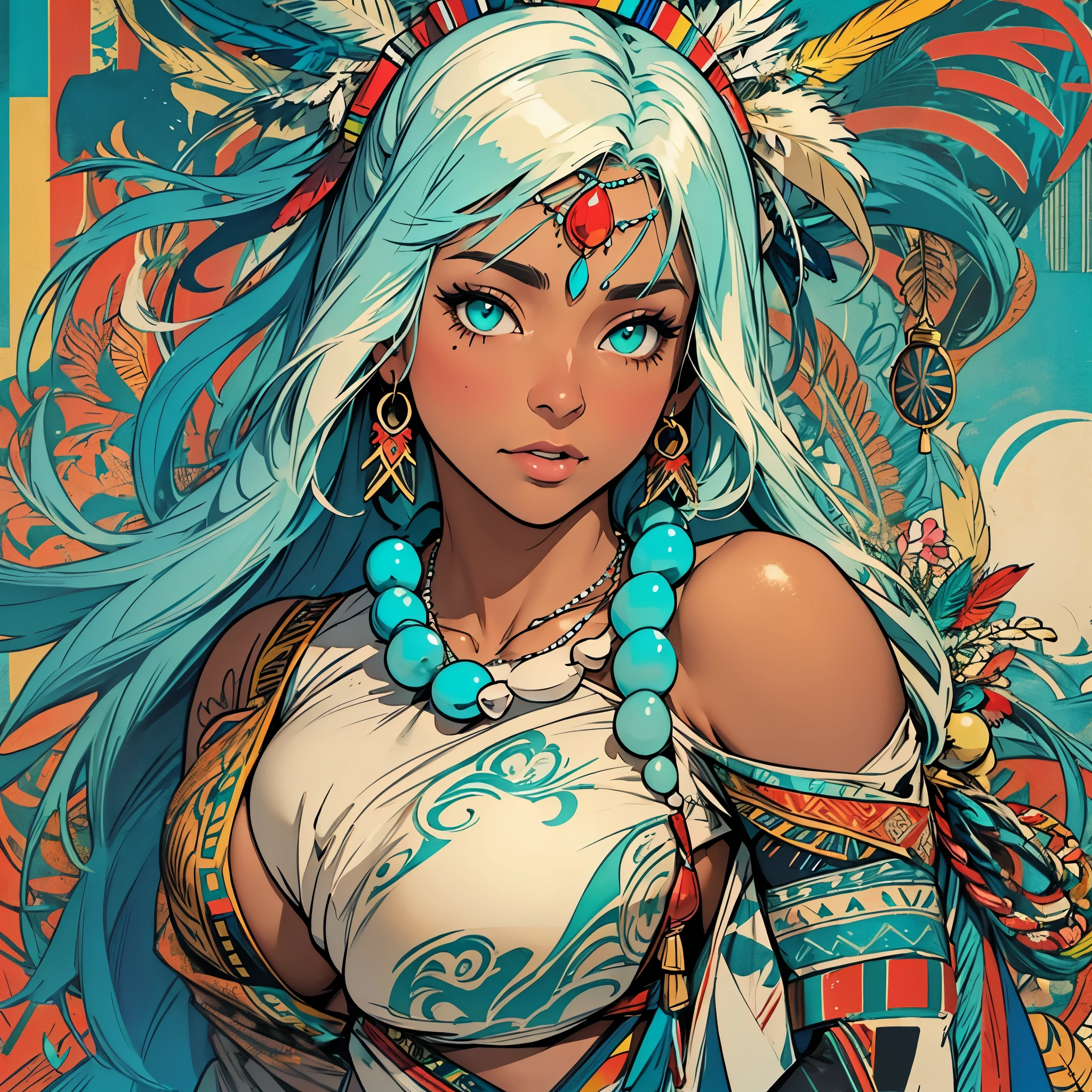 (((ultimate best quality))),((((solo:1.12)))),((((1girl:1.12)))),((((beautiful perfect woman)))),(((detailed perfect body, detailed perfect finger,detatiled perfect face))),(((bust up, close up))),(((((American comics))))),(((extreme highlights))),(((Extremely colorful, primary colors))),(cleavage, big breast)),(((perfect beautiful lady))),((((various angles))),((((detailed Indian,Tribe, Navajo, feather ornament)))),((((black skin)))),(((indigenous peoples))),(((owl,turquoise,Ivory Necklace)))