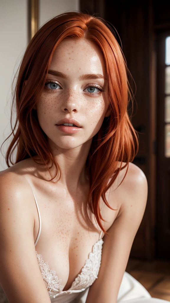 high quality, detailed, intricate, woman, red hair, freckles, detailed hair, detailed skin, detailed eyes, detailed lips, dress