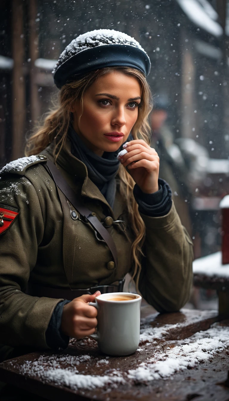 Show French female soldier drinking coffee in front of her post. 
Depict the soldier feeling cold, with snow falling around her.
Use cold and muted colors to convey the harshness of the winter and the exhausting guarding duty, background dark, hyper realistic, ultra detailed hyper realistic, photorealistic, Studio Lighting, reflections, dynamic pose, Cinematic, Color Grading, Photography, Shot on 50mm lens, Ultra-Wide Angle, Depth of Field, hyper-detailed, beautifully color, 8k