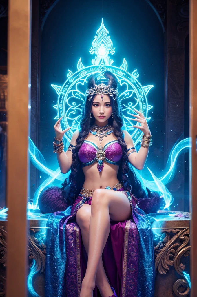 color photo of a mysterious woman sitting in a divine light, with neon lights, flowers, stars, axial symmetry, and a magnificent background.silver dress, high heels, flower crown, starry sky background, serene and enigmatic expression, Nikon Z7 II camera, Fujifilm Velvia 50 film, 50mm lens, high saturation, Tim Walker, David LaChapelle, Sofia Coppola, Valentino, Alexander McQueen