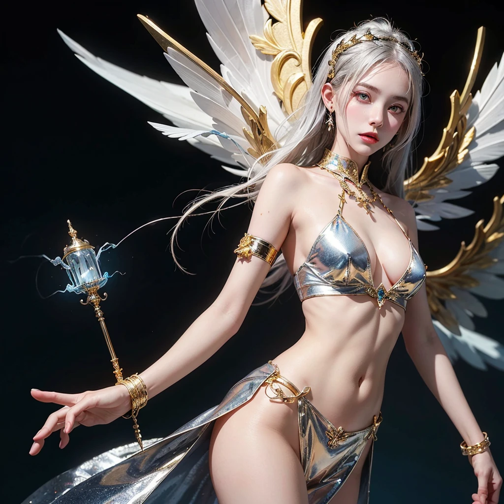 An albino woman with silver eyes , with metallic wings, an outfit made entirely of gold , blue electric lights come out of your hands