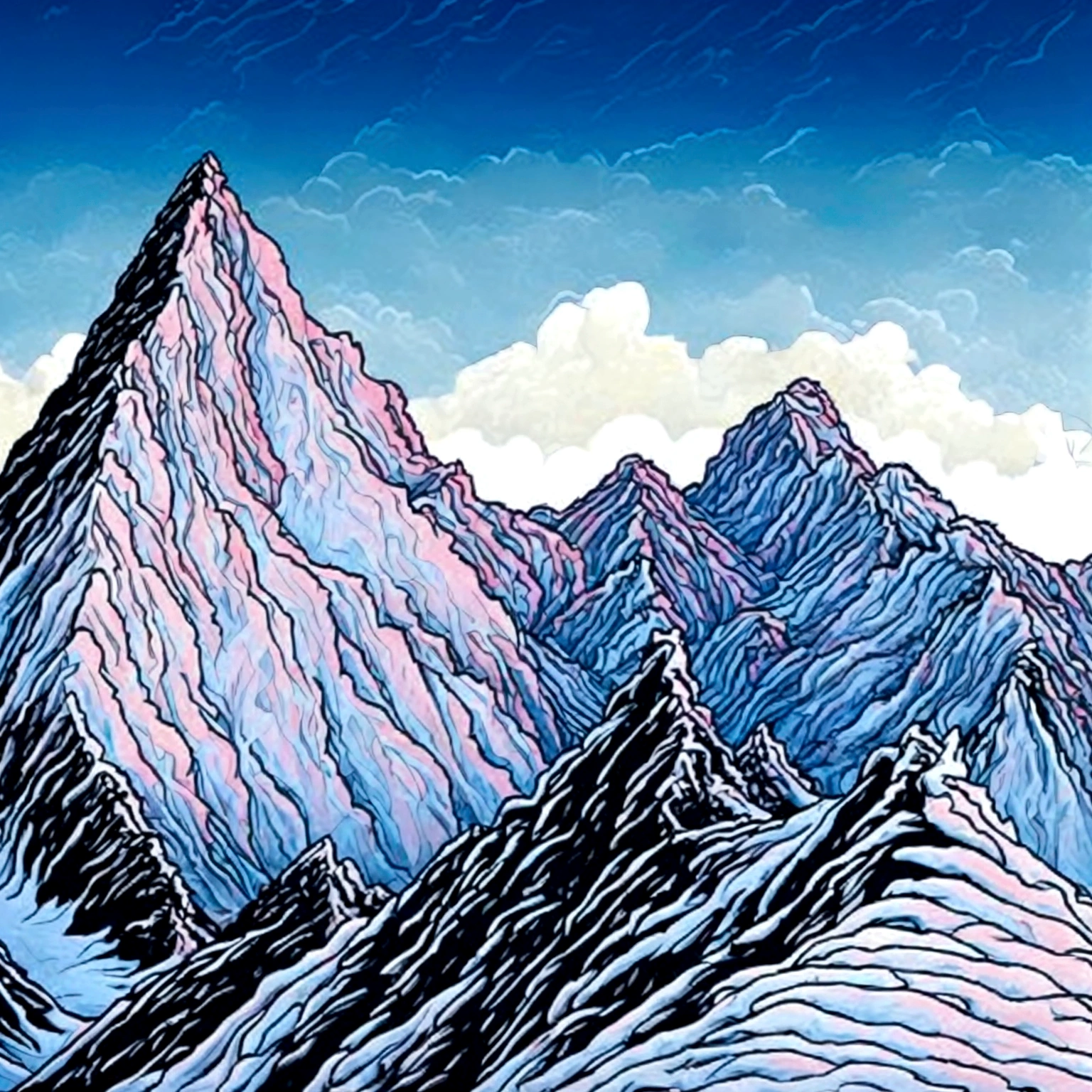 filmart, conceptual artwork, work of art, wide angle perspective, S-shaped composition, an image of the mountain landscape from near to far in a cinematic view, with distinct levels, clear high and low, distant sunset on top of a snowy mountain, HD texture, snowy mountains in distant layers, white clouds,