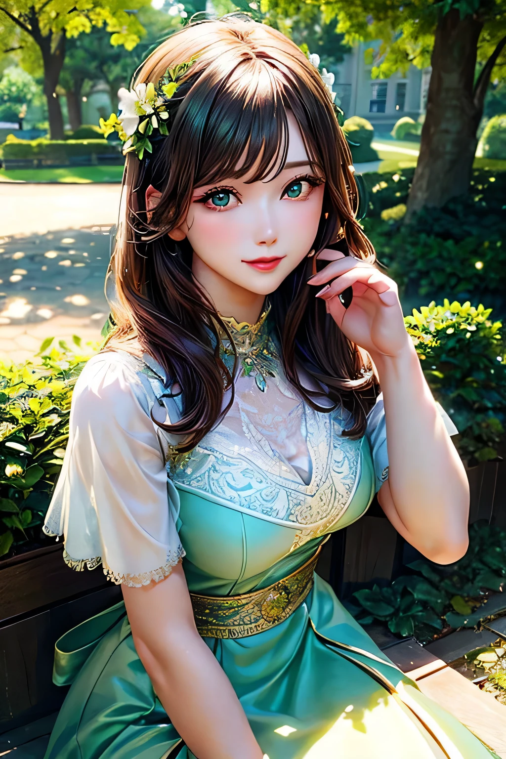 a beautiful woman with green eyes sitting in a park, detailed face and body, elegant dress, sunlight, detailed leaves and flowers, cinematic lighting, highly detailed, photorealistic, 8k, best quality