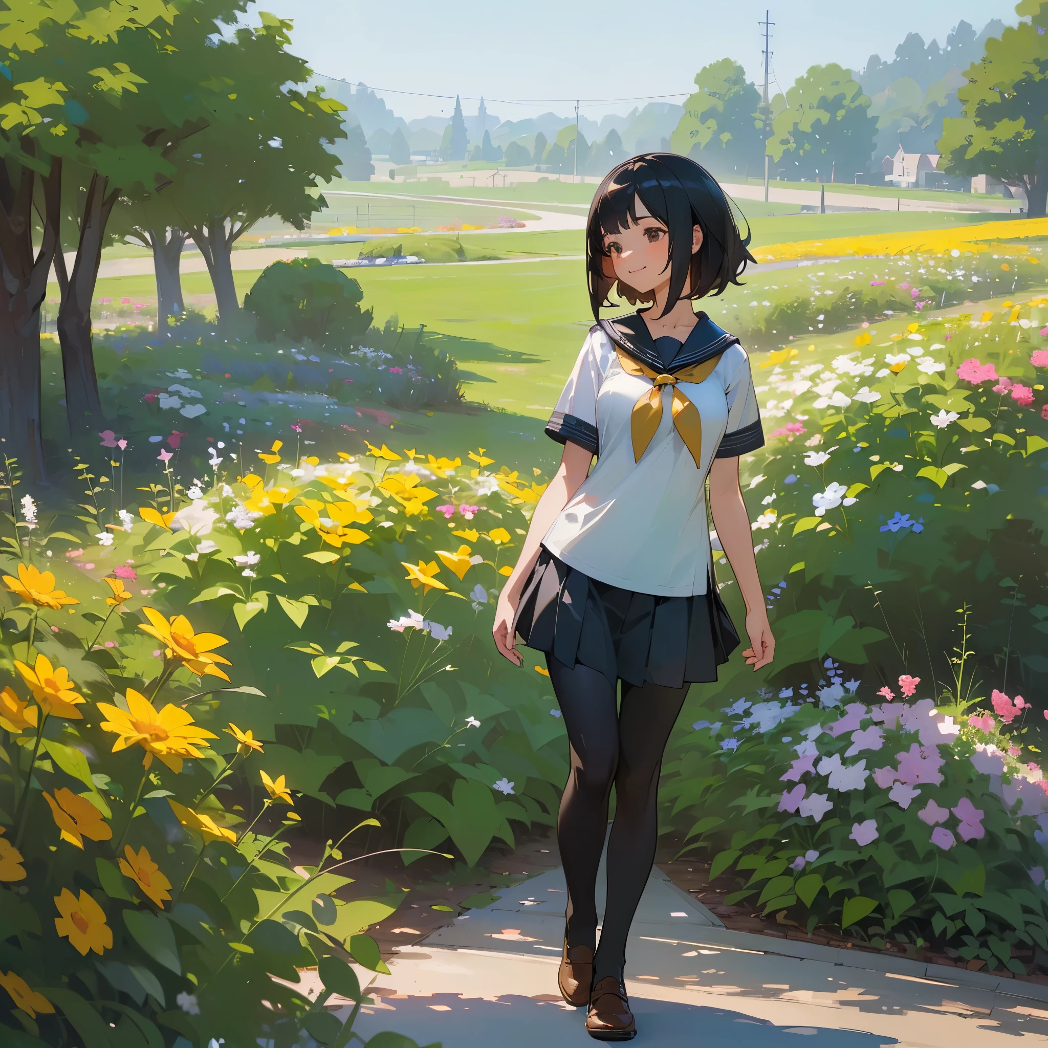 (Highest quality, High resolution, Super detailed, Realistic:1.37), Peaceful atmosphere, (Outdoor, garden), Teenage girl standing alone,(my breasts are big.),Beautifully detailed features, Cute Smile, ((Black bob hair)),Short-sleeved sailor uniform, Pleated skirt,Black tights,Brown leather shoes.