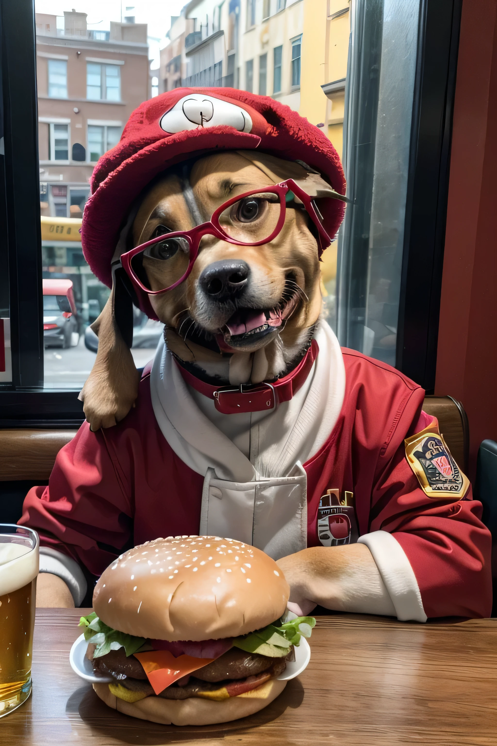 a humanoid dog, smiling, felt hat, red glasses, wears a colorfull outfit in restaurant table whit hamburger, beer he is sitting next to a window overlooking the street