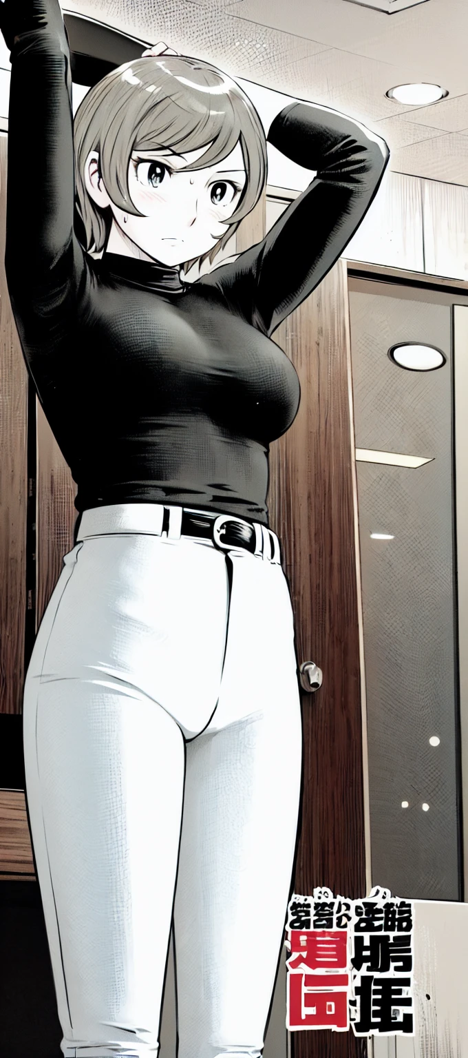 (short hair:1.2),Sleeveless、Black Shirt, turtleneck,White trousers、uniform、Black belt、((People illustrations))、Big Breasts、
View your audience,, (Highest quality:1.3),One Girl, White pants、uniform、blue eyes、Tight black shirt、(masterpiece、Highest quality)、Highest quality, Ultra-high resolution, (((masterpiece))), alone, Sweat、Big eyes、Big Breasts、One Girl, Front view、Embarrassed face、Bronze colored hair、((short hair))、locker room、Stretch your arms to the sides、Good posture、Stand upright、Stand up straight、Upper body close-up