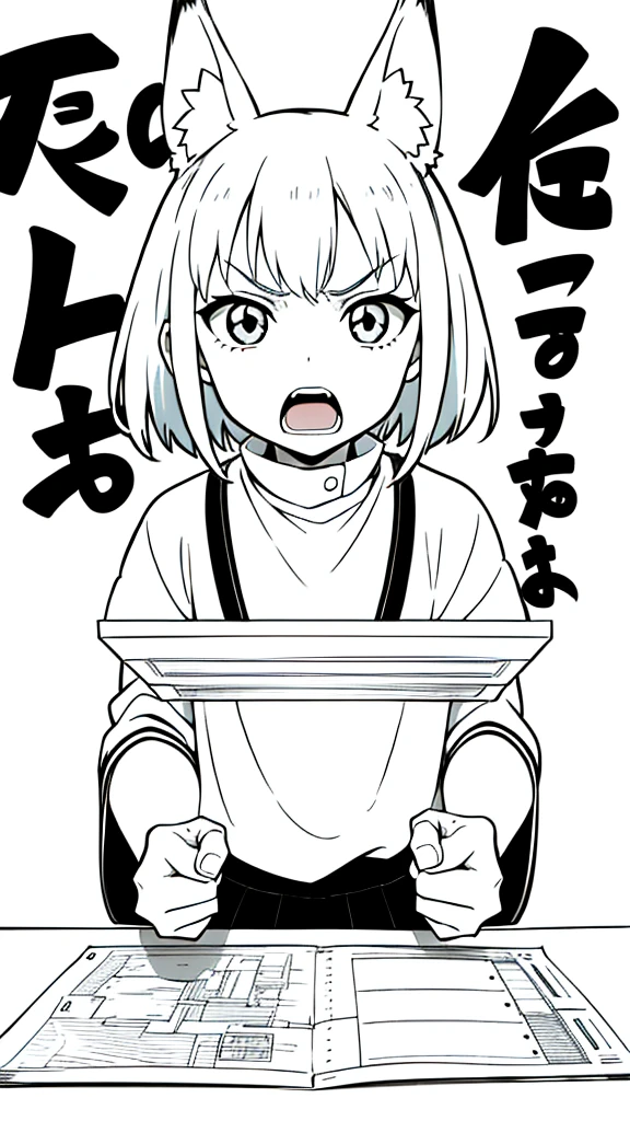 (1girl,8 ,kid),soloite hair,short hair,fox ears,(white background,line drawing),open mouth,angry,pov across table, from front