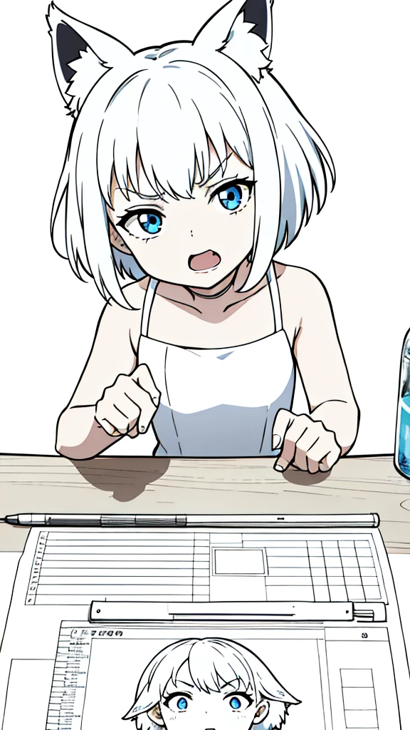 (1girl,8 years old,???),solo,white hair,short hair,fox ears,(white background,line drawing),open mouth,angry,pov across table, from front
