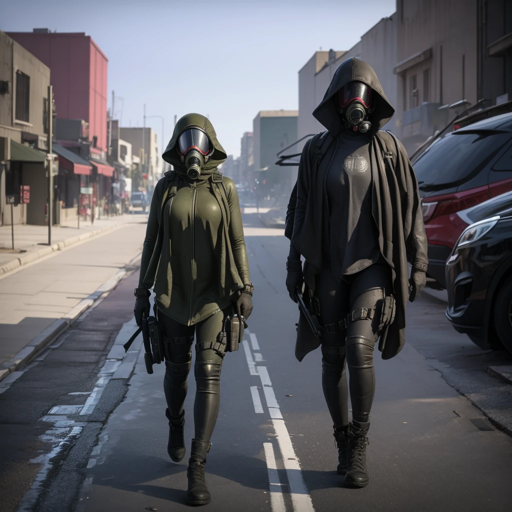 She is walking in middle of a street wearing a gas mask, abandon city with only one Power Nuclear Plant in the distance but there is not other people , there is a olive green toxic gas in the ambient, ultra high quality, 4K, low angle,