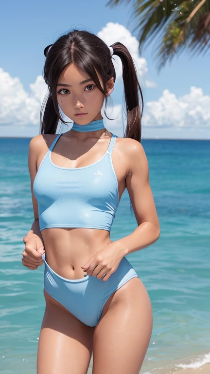 highest quality、Realistic、Chestnut Hair、Light blue eyes、Twin tail hair、One piece swimsuit、Tanned black body、A well-trained body、athlete、Tan、Brown Skin、slender、boyish、Sweat、Ocean、