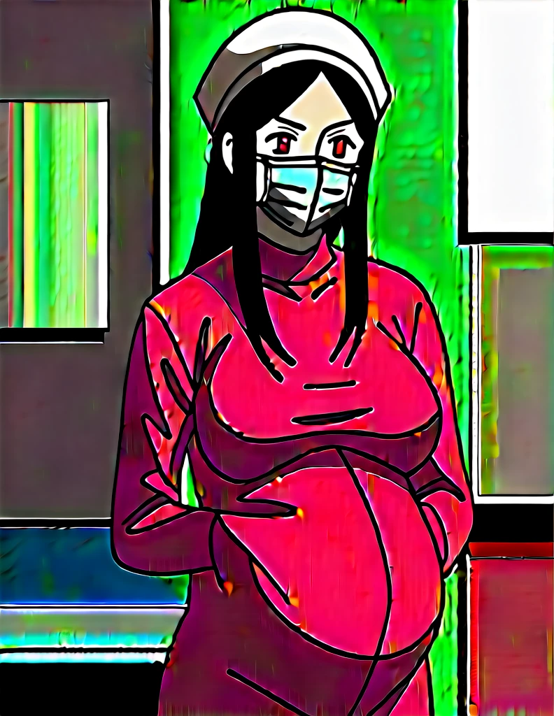 score_9, score_8_up, score_7_up, source_anime, kasuganoray, pale skin, his face showed signs of embarrassment, long hair, scrubs, surgical mask, surgical cap, Long sleeve maternity gown, seamless, no seams, tight fitting, see nipples,
1girl, pregnant, big breasts, solo, rubber gloves, looking down, furrowed brow, hospital bed, standing
