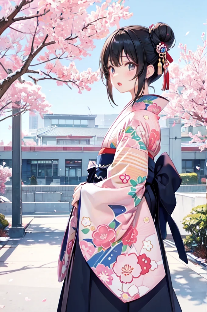 (best quality:1.2), masterpiece,Japanese cartoons,Kawaii,A 20-year-old female,Lovely,Ultra-fine face,Delicate eyes,Delicate nose,blush,open mouth,Long eyelashes,Happy,Black Hair,Bangs,Hair Bun,Dark blue stardust pattern kimono,The same is true for beige,Standing facing forward,Looking at the audience,Cherry tree,Sakura snowstorm scenery,Modern Japan,graduation,University,Blue sky,Rim Light,(School building in the distance)