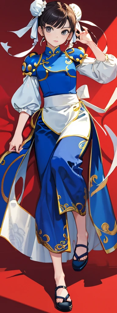 chun-li,((masterpiece)), ((best quality)), ((ultra detailed)), ((kawaii)), cute, (lovely), ((extremely detailed)), ((8K)), (beautiful),flat breast, tiny breast,full body