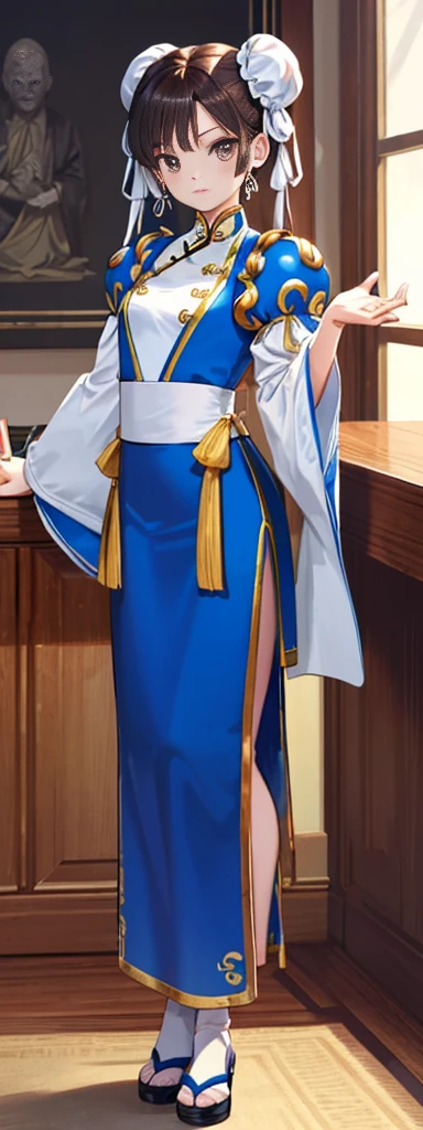 A woman in (((blue dress))) with side cut, neckline, earrings, ))), smile, teeth, protruding lips, one of the hands on the head, posing for a photo, Japanese goddess, beautiful goddess, beautiful seductive anime woman, (((full body))