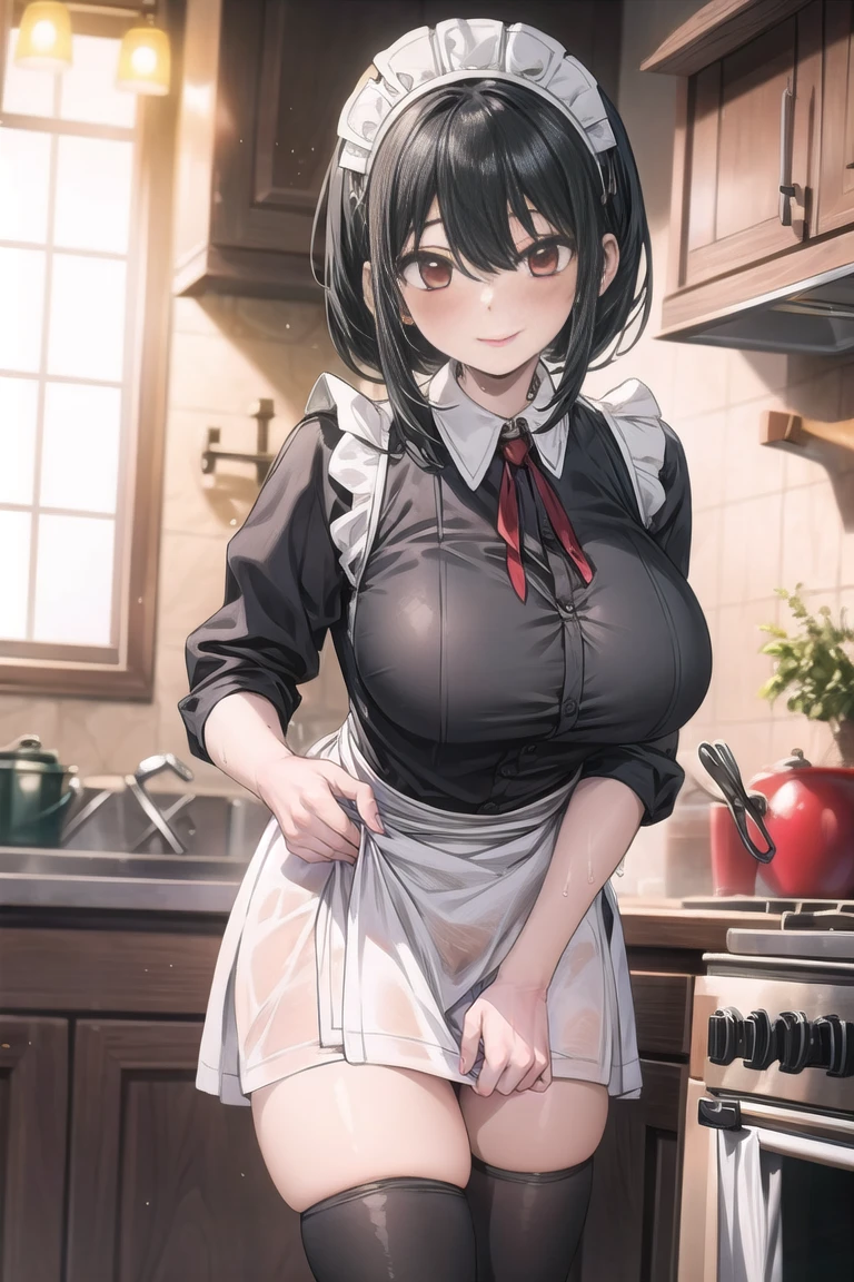 Masterpiece, best quality, 4320p, extremely detailed, 8K, UHD, high_resolution, 8k Wallpalper, beautiful, hyper detailed, 1 girl, short hair, black hair, red eyes, wavy_hair, oversized , sagging_breaste_breast, eye_nd, blushing, sexy_smile, exposedssy, kitchen, Maid_Dthighhighs, wet pussy, nervous