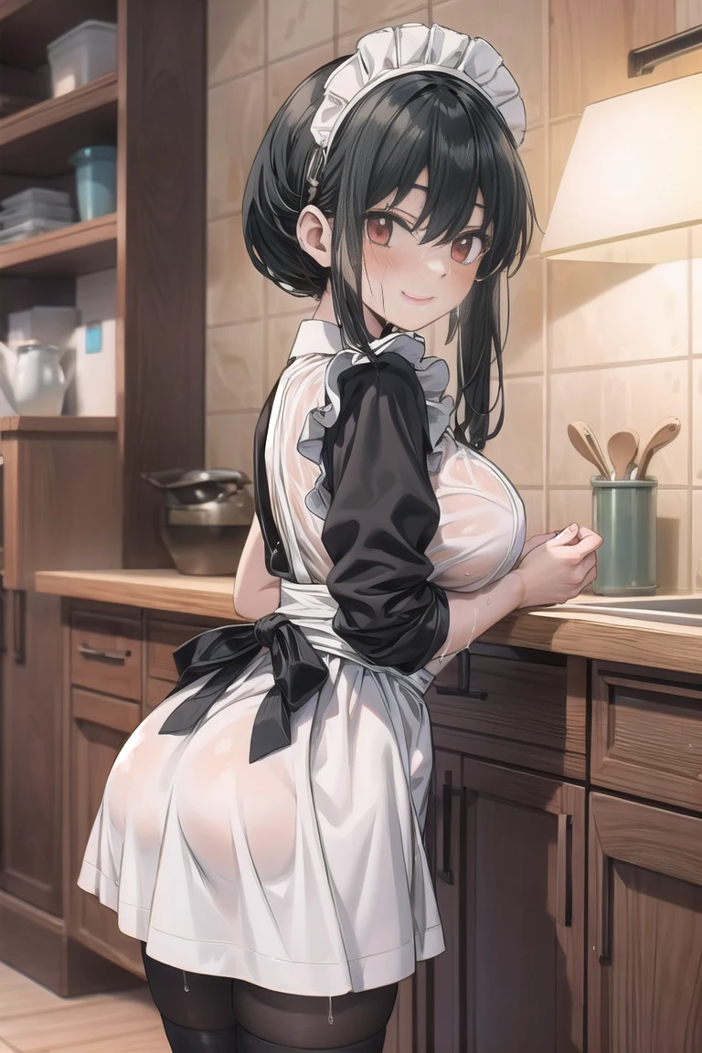 Masterpiece, best quality, 4320p, extremely detailed, 8K, UHD, high_resolution, 8k Wallpalper, beautiful, hyper detailed, 1 girl, short hair, black hair, red eyes, wavy_hair, oversized breast, sagging_breasts, large_breast, eye_narrowed, blushing, sexy_smile, exposed_pussy, kitchen, Maid_Dres, thighhighs, wet pussy, nervous
