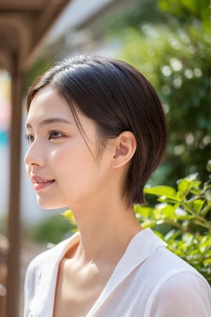 Masamisuno,(in 8K, top-quality, ​masterpiece:1.3, 超A high resolution, A hyper-realistic), high detailing, ((Face like the real thing)), Photorealsitic, Raw foto, ((one beautiful women)), 27yo, Detailed face, beautidful eyes, realisticeyes, Eyes in Beautiful Details, (real looking skin), Beautiful skins, enticing, depth of fields, hight resolution, High pixel count, clear details, sharp photo, Natural color reproduction, Noise Reduction, High fidelity, quality, Software Updates, Optimized algorithms, Stylish café terrace, Everyday clothes, Neat and clean clothing, perfect bodies, face perfect, perfect chest, perfect teeth, Perfect tooth alignment, , Sexy lips, Ears are visible, Looking away, Natural perspective, (Don't look into the viewer's eyes), a smile, kindly smile, Beautiful skins, enticing, the golden ratio, (Detal Face:1.2), profetional lighting, Lighting the face, best light, japanes，japanaese girl, Photo of a cute Japanese woman, Small necklace, Thin Silver Necklace, simple background, (Photo from the side:1.2), Casual pose, Short hair swaying in the wind
